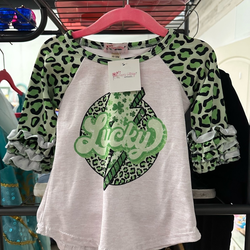 Green and White Long Sleeve Tee with Animal Print